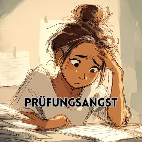 Illustration einer lernenden Person mit sichtbarem Stress als Darstellung von Prüfungsangst.