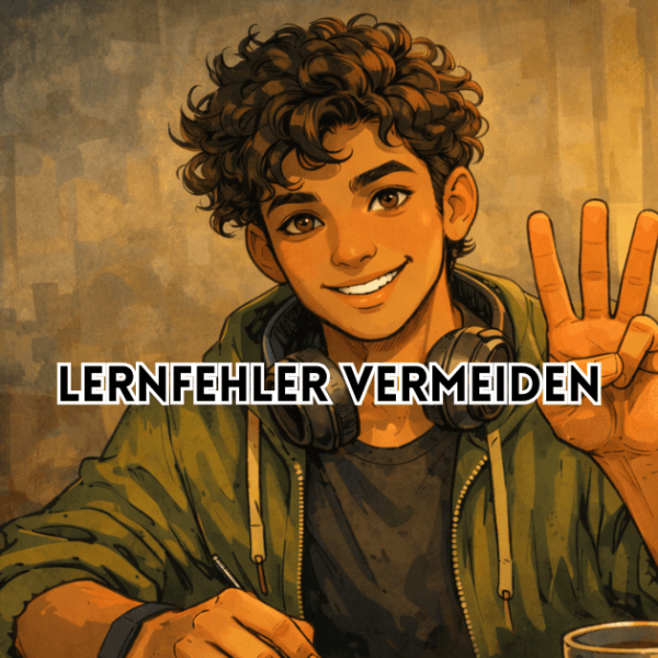 Lernfehler vermeiden – Illustration einer Person, die drei Finger hochhält, symbolisch für drei typische Fehler beim Lernen.