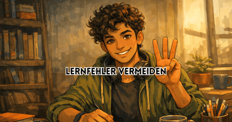 Lernfehler vermeiden – Illustration einer Person, die drei Finger hochhält, symbolisch für drei typische Fehler beim Lernen.