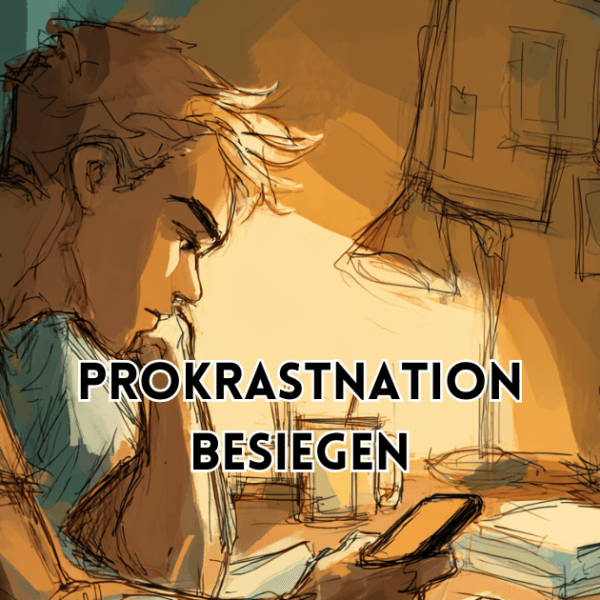 Prokrastination besiegen – Illustration einer nachdenklichen Person am Schreibtisch mit Smartphone als Darstellung von Aufschieben im Arbeitskontext.