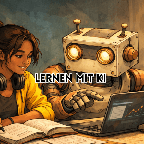 Lernen mit KI – Illustration einer Person, die gemeinsam mit einem Roboter am Laptop und Buch lernt, als symbolische Darstellung KI-gestützten Lernens.