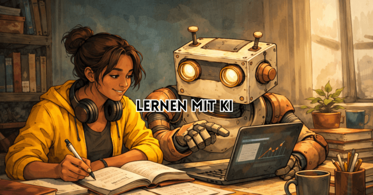 Lernen mit KI – Illustration einer Person, die gemeinsam mit einem Roboter am Laptop und Buch lernt, als symbolische Darstellung KI-gestützten Lernens.