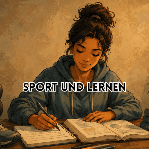Sport und Lernen: Studentin lernt am Schreibtisch, daneben Laufschuhe, Kettlebell und Bücher zu Gedächtnis und Psychologie.