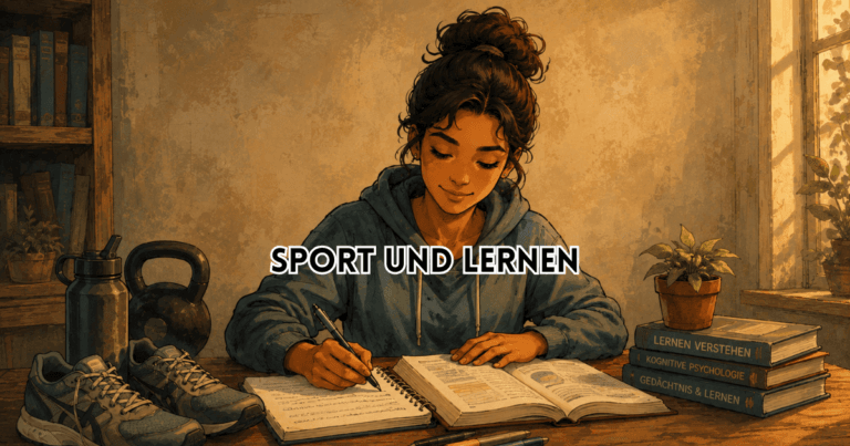 Sport und Lernen: Studentin lernt am Schreibtisch, daneben Laufschuhe, Kettlebell und Bücher zu Gedächtnis und Psychologie.