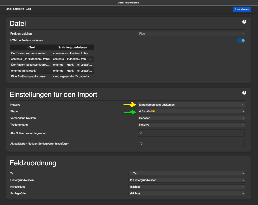 Screenshot der Anki-Importeinstellungen mit gelbem Pfeil auf dem Feld „Notiztyp“ (lernenlernen.com Lückentext) und grünem Pfeil auf dem Feld „Stapel“.
