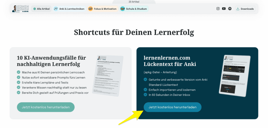 Screenshot des Downloads-Bereichs auf lernenlernen.com mit gelbem Pfeil, der auf den Button "Jetzt kostenlos herunterladen" für den lernenlernen.com Lückentext für Anki zeigt.