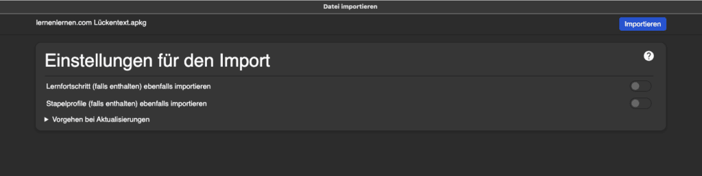 Screenshot des Anki-Importdialogs mit der Datei „lernenlernen.com Lückentext.apkg“ und dem Button „Importieren“ oben rechts.