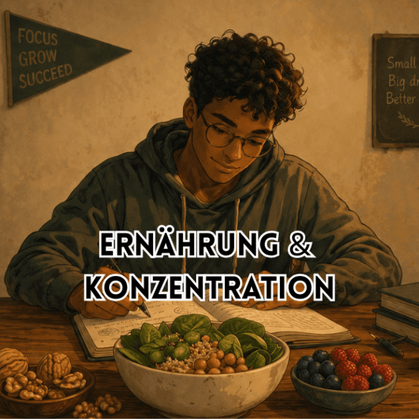 Ernährung und Konzentration: Student mit Brille schreibt in Notizbuch, davor Schüssel mit Blattgemüse und Nüssen, Beeren und Trinkflasche.