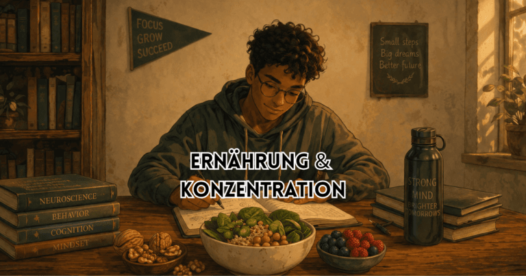 Ernährung und Konzentration: Student mit Brille schreibt in Notizbuch, davor Schüssel mit Blattgemüse und Nüssen, Beeren und Trinkflasche.